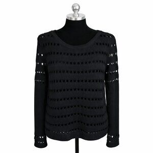 Rag & Bone Black Crochet Open Knit Top Medium Sheer Mesh Long Sleeve Pullover